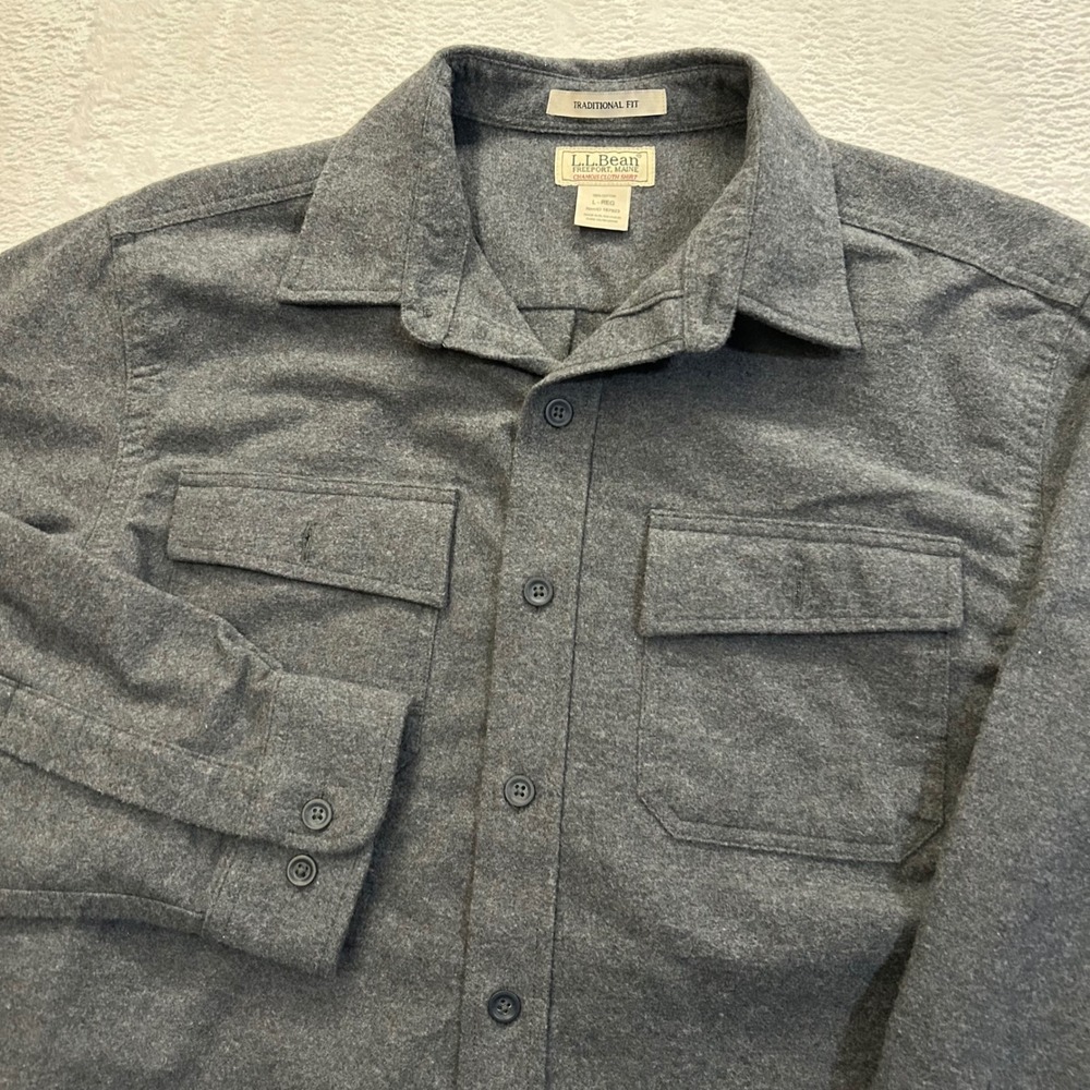 LL Bean Chamois Cloth Shirt Traditional Fit Mens L Gray Long Sleeve Cotton Heavy